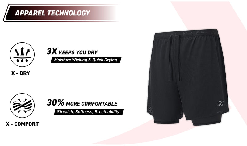 Xtep Men's Quick Dry Dual Layer Running Shorts Black