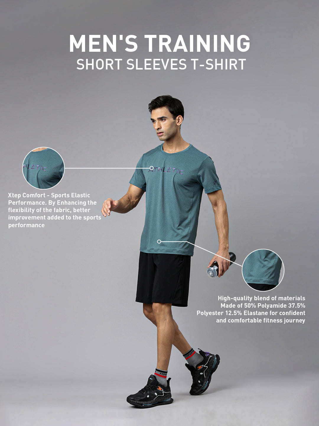 XTEP Crew Neck Polyester Training T-Shirt for Men- 100% Polyester- Crew Neck- Pull on Style- Short Sleeve- Superior Comfort- Training/Running T-Shirts