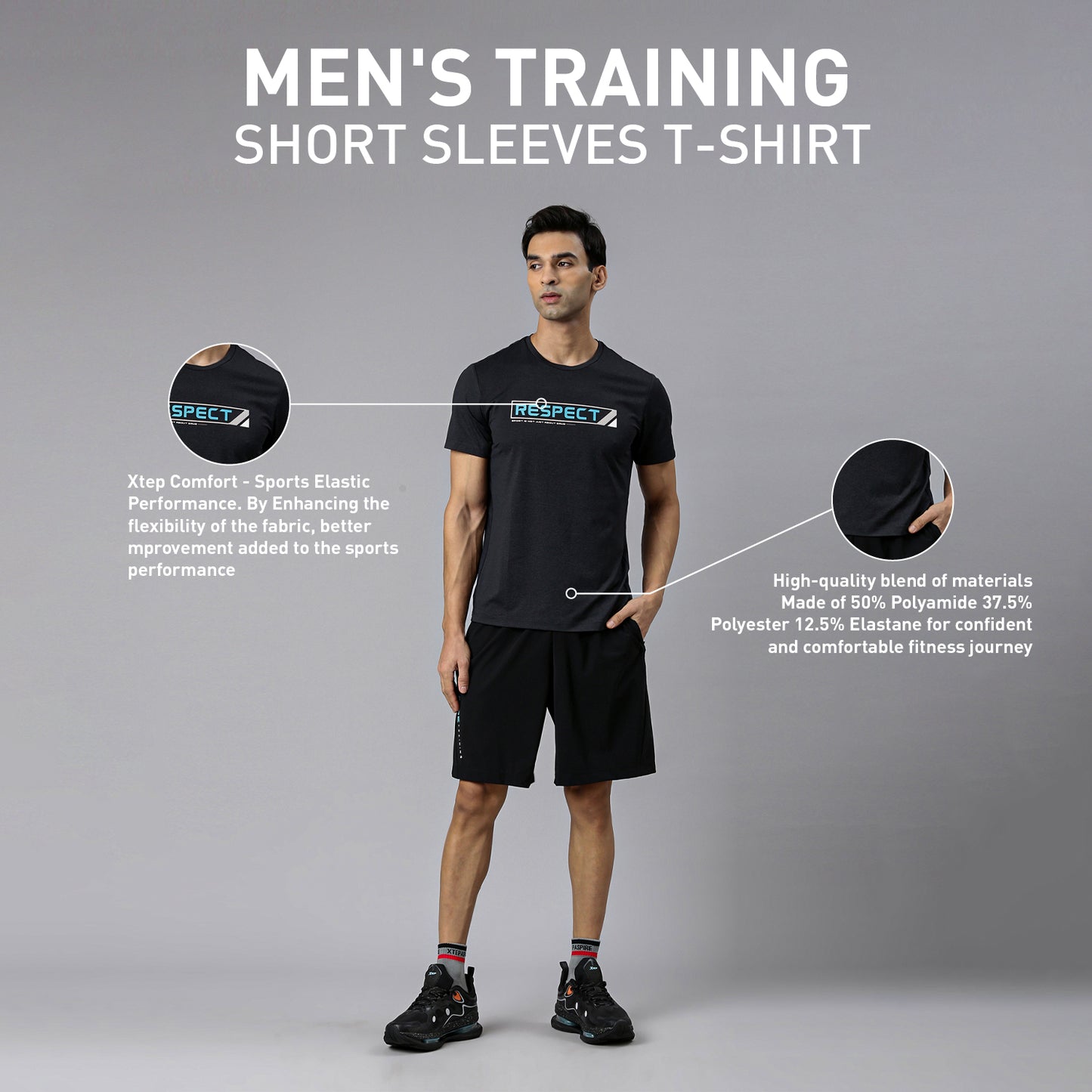 XTEP Black Cooling Comfort & Elastic Training T-Shirt for Men- Polyamide+Polyester+Elastane Sports Elastic Performance Cool Tech Rapid Heat Conduction & Dissipation