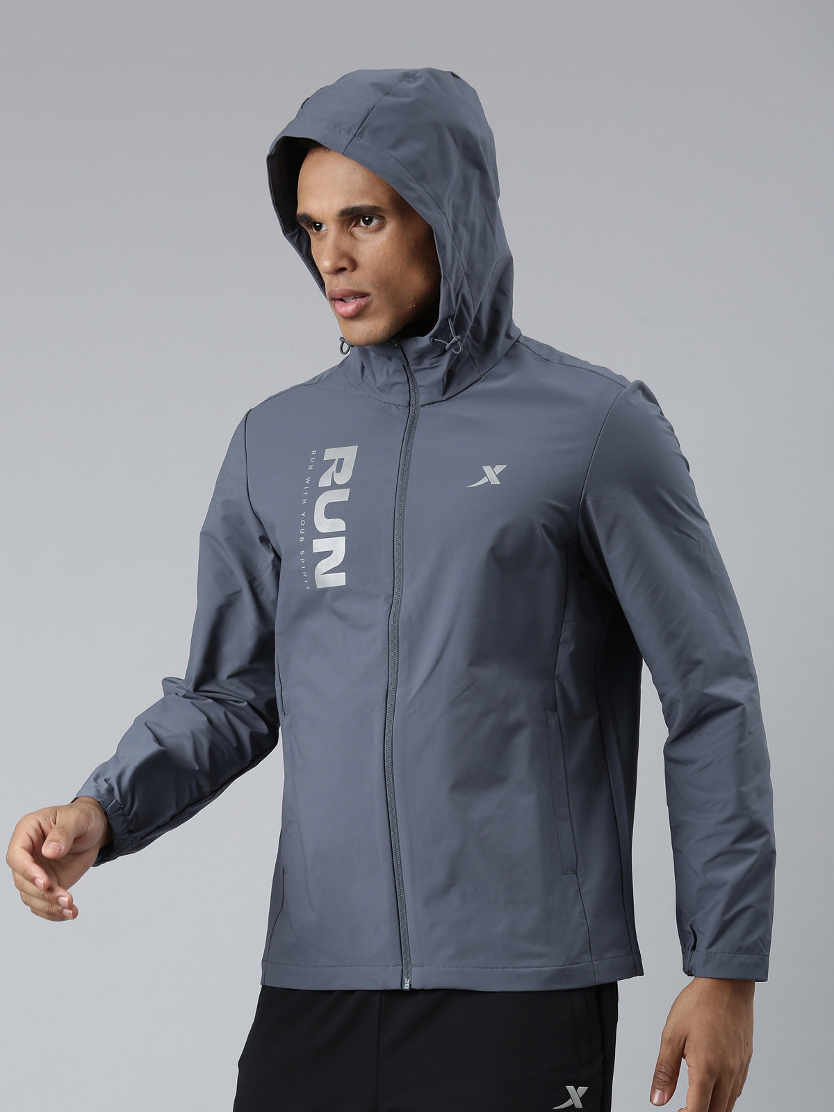 XTEP Run Printed Hoodie Single-layer Windbreaker Jacket for Men- 100% Polyester- Printed Hoodie Style Run- Single Layer Windbreaker- Running Jacket