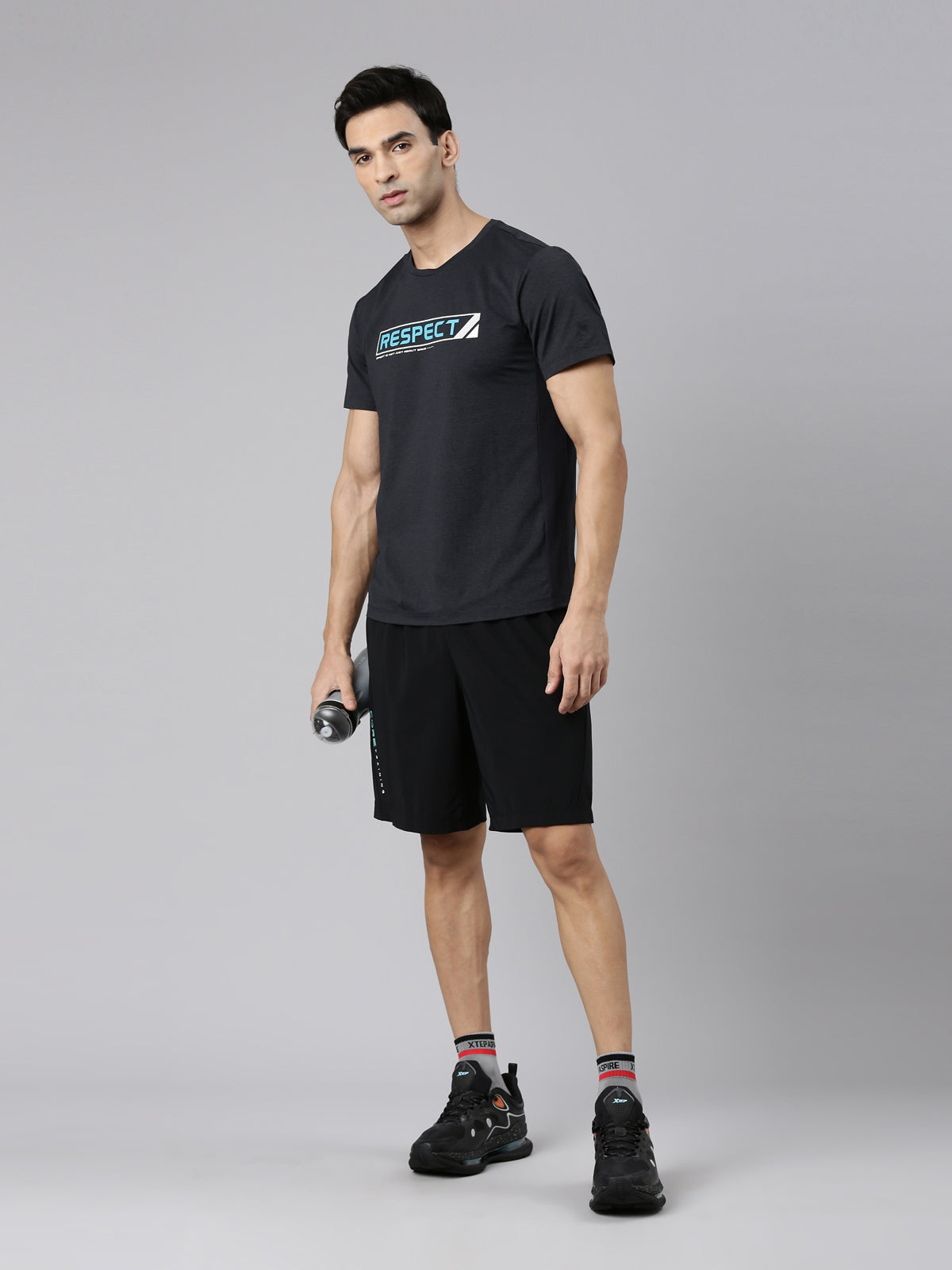 XTEP Black Cooling Comfort & Elastic Training T-Shirt for Men- Polyamide+Polyester+Elastane Sports Elastic Performance Cool Tech Rapid Heat Conduction & Dissipation